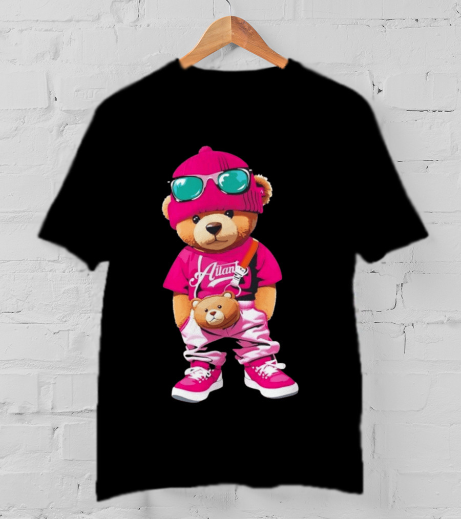 Ailan Teddy Bear Stylish Streetwear Outfit Pink Beanie Sunglasses And Bear Bag T-Shirt