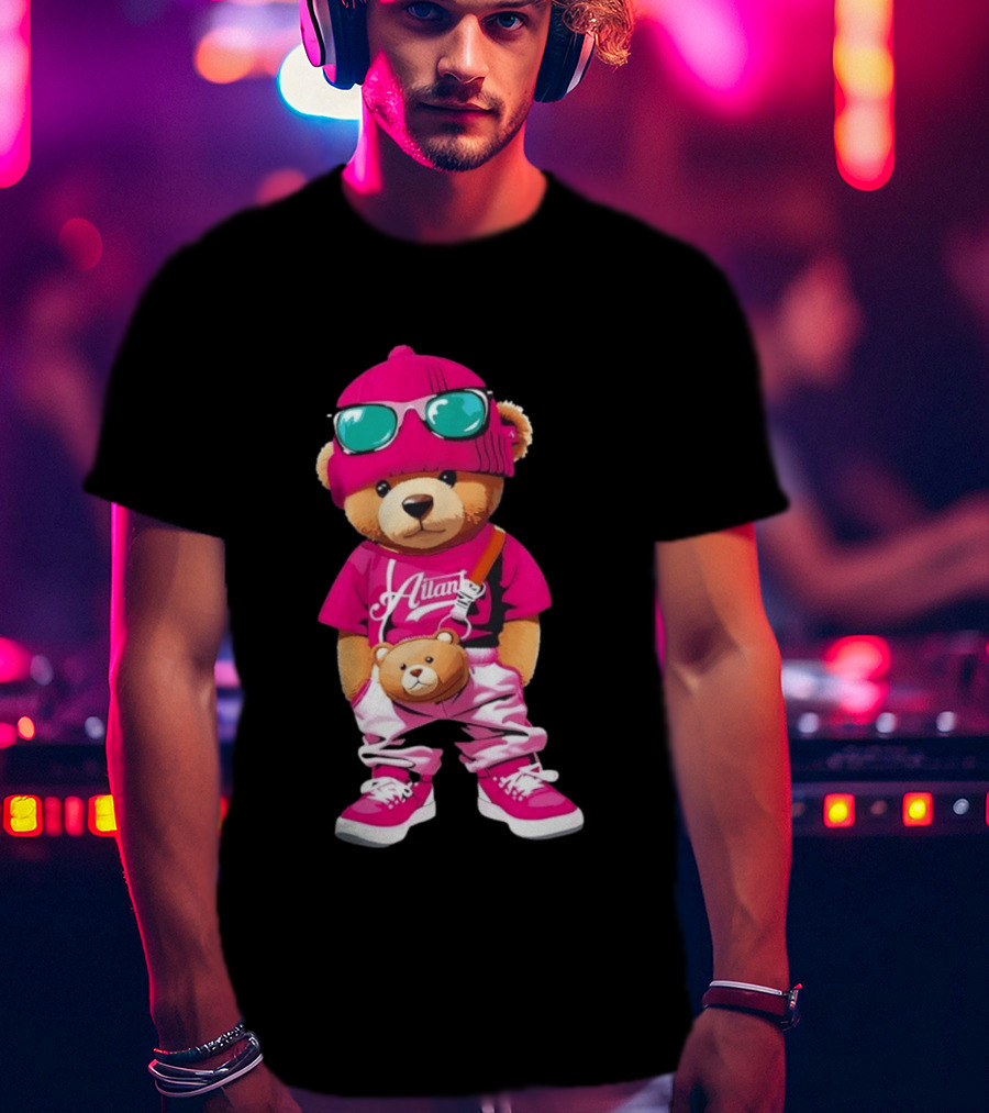 Ailan Teddy Bear Stylish Streetwear Outfit Pink Beanie Sunglasses And Bear Bag T-Shirt
