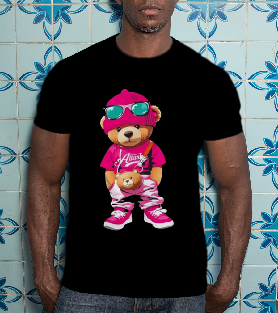 Ailan Teddy Bear Stylish Streetwear Outfit Pink Beanie Sunglasses And Bear Bag T-Shirt