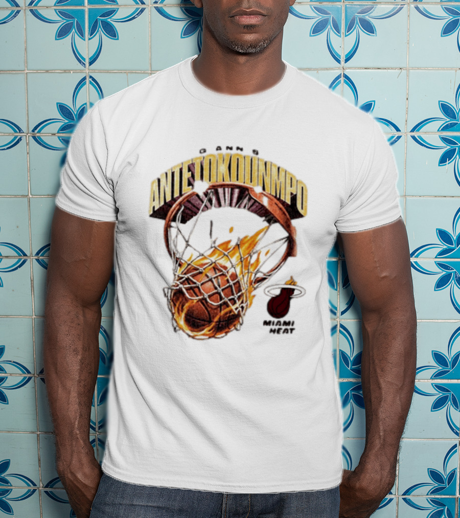 Giannis Antetokounmpo Miami Heat Basketball Hoop Fireball T-Shirt
