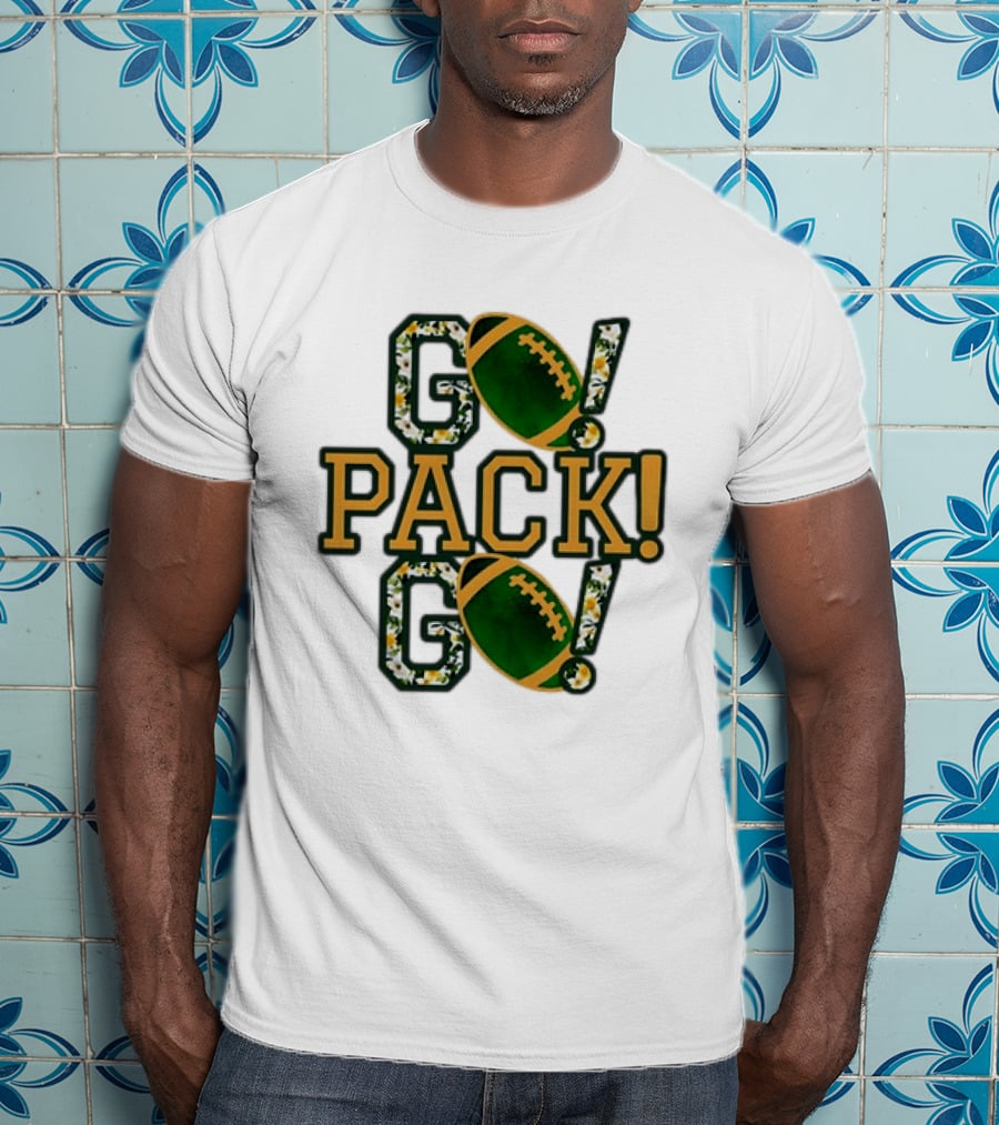 Packers Go Pack Go Football Floral Design With Green And Gold Footballs T-Shirt