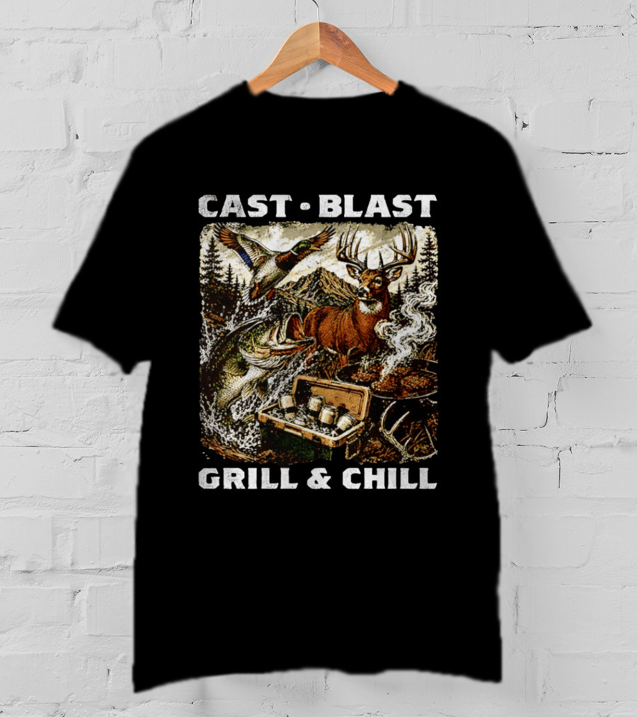 Cast Blast Grill & Chill Deer Fish Camping Scene T-Shirt