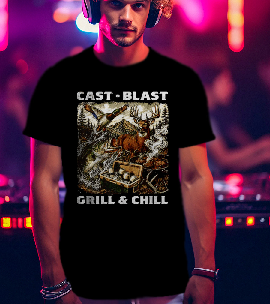 Cast Blast Grill & Chill Deer Fish Camping Scene T-Shirt