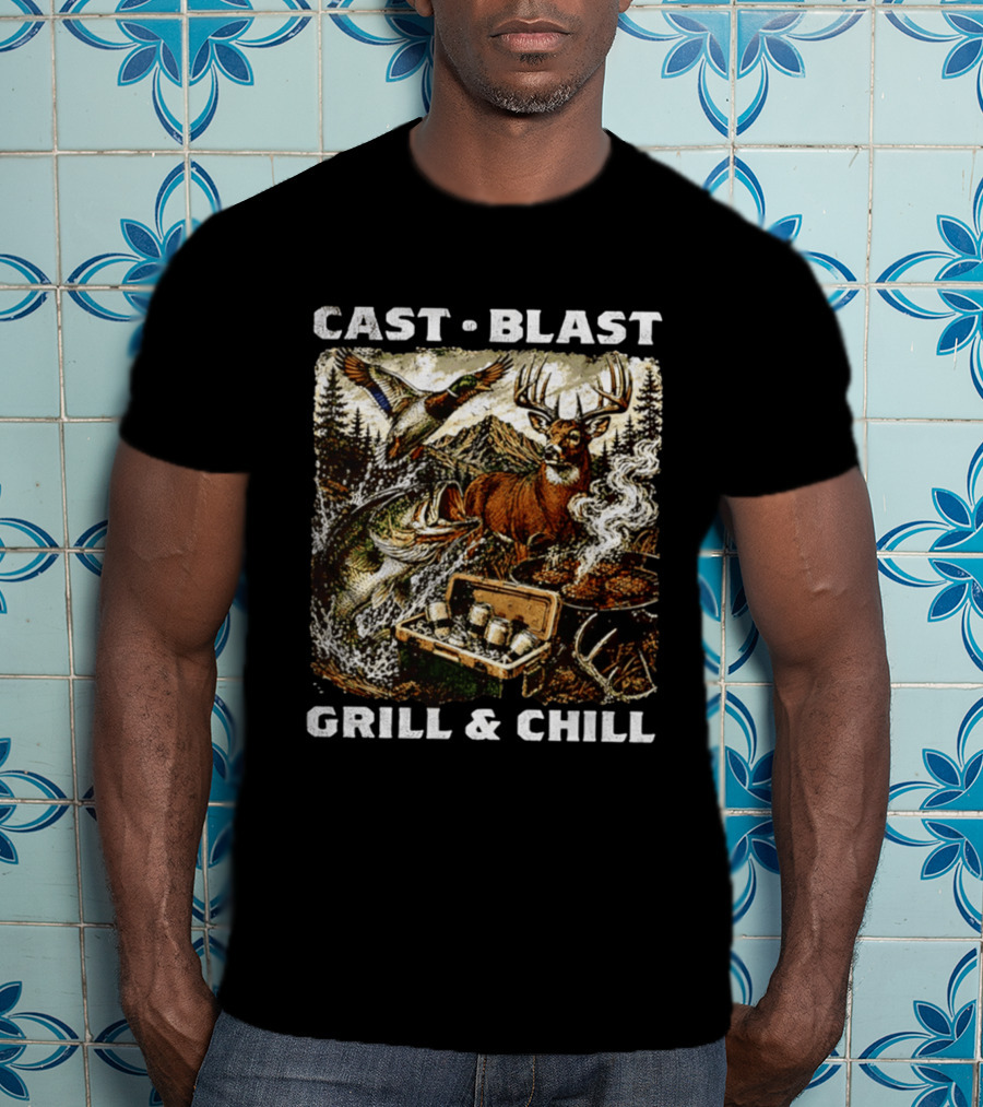Cast Blast Grill & Chill Deer Fish Camping Scene T-Shirt