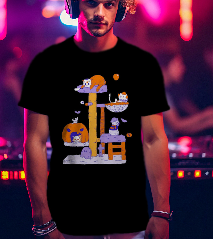 Cat Horror Pumpkin Tree Halloween Cats T-Shirt