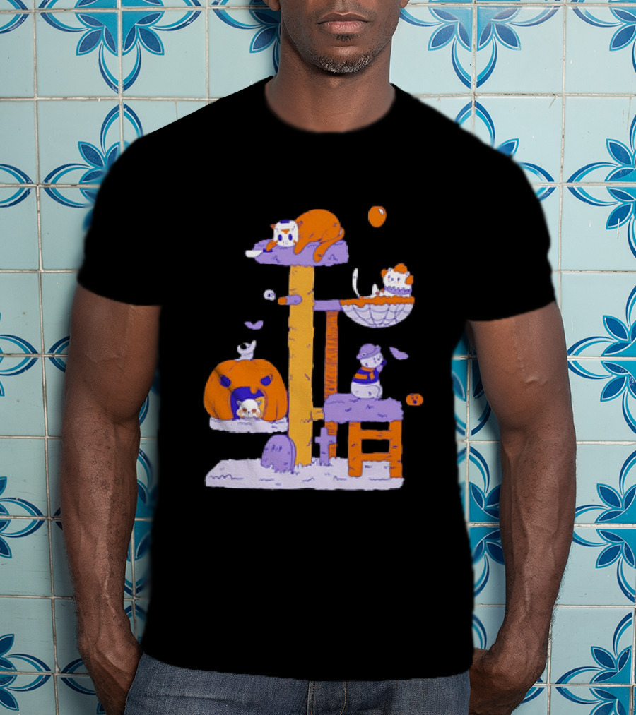 Cat Horror Pumpkin Tree Halloween Cats T-Shirt