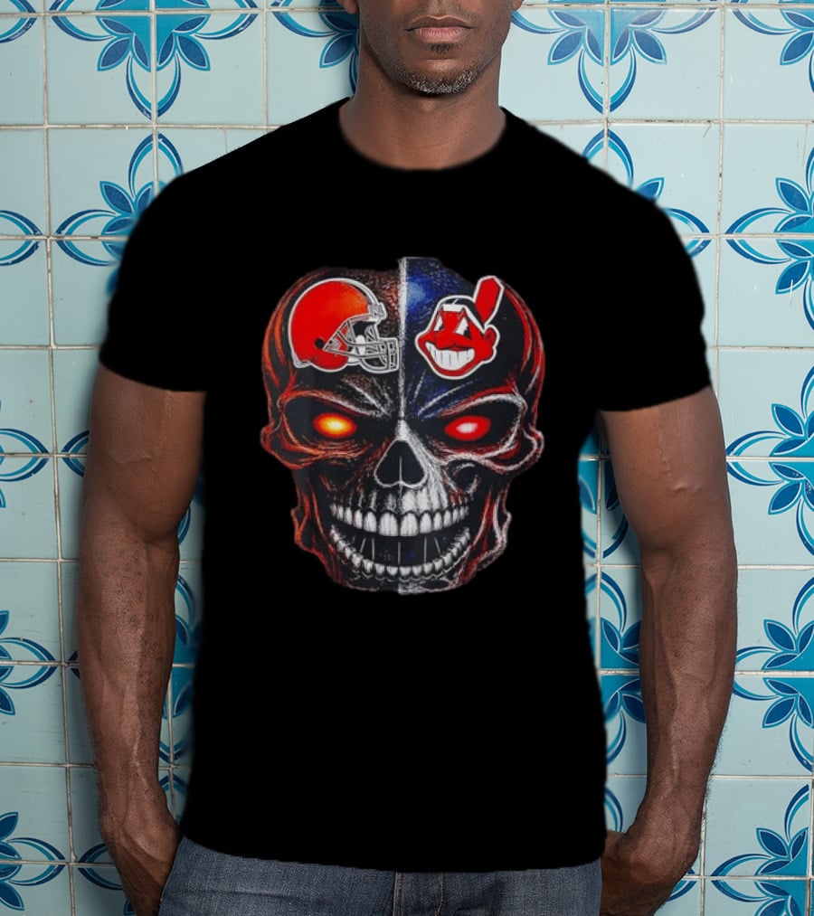 Cleveland Browns Helmet Indians Chief Wahoo Skull Sports Fan T-Shirt