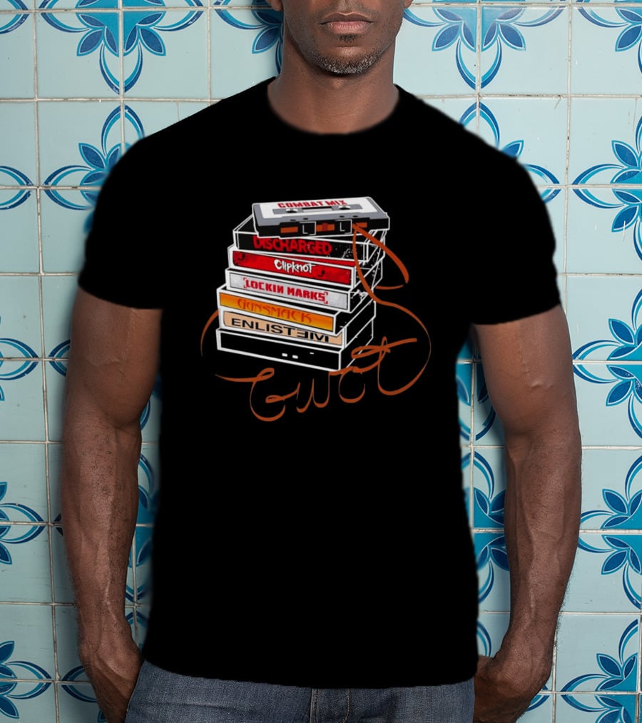 Combat Mix Discharged Clipknot Lockin Marks Gunsmack Enlist GWOT 3 Tours Down Music Cassette Stack T-Shirt