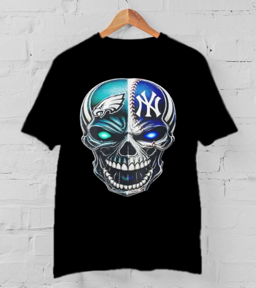 Philadelphia Eagles New York Yankees Skull Glow Eyes T-Shirt