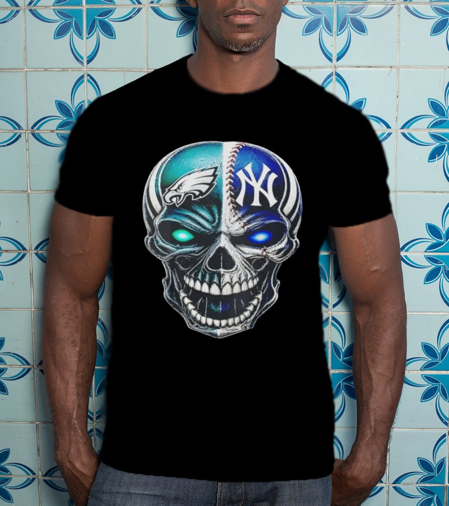 Philadelphia Eagles New York Yankees Skull Glow Eyes T-Shirt
