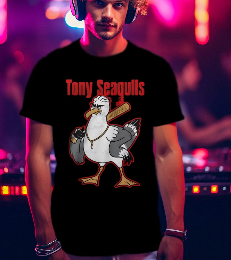 Tony Seagulls Baseball Cartoon Character With Bat T-Shirt