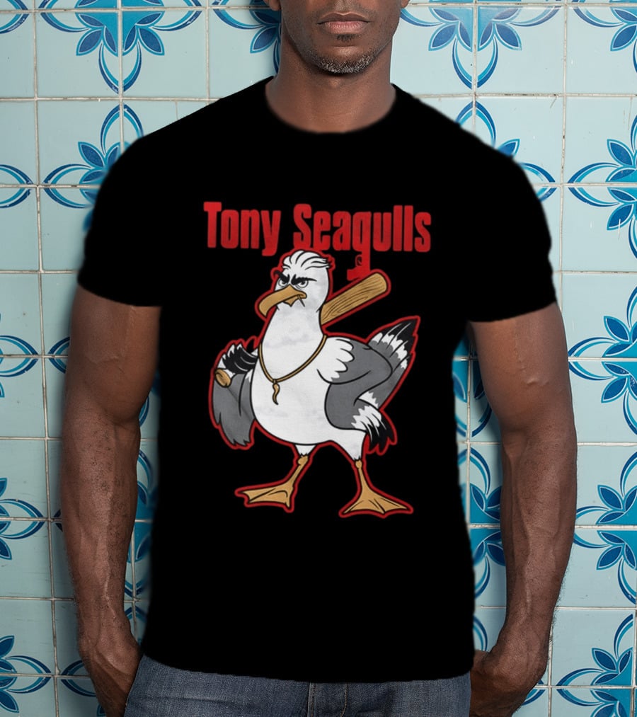 Tony Seagulls Baseball Cartoon Character With Bat T-Shirt