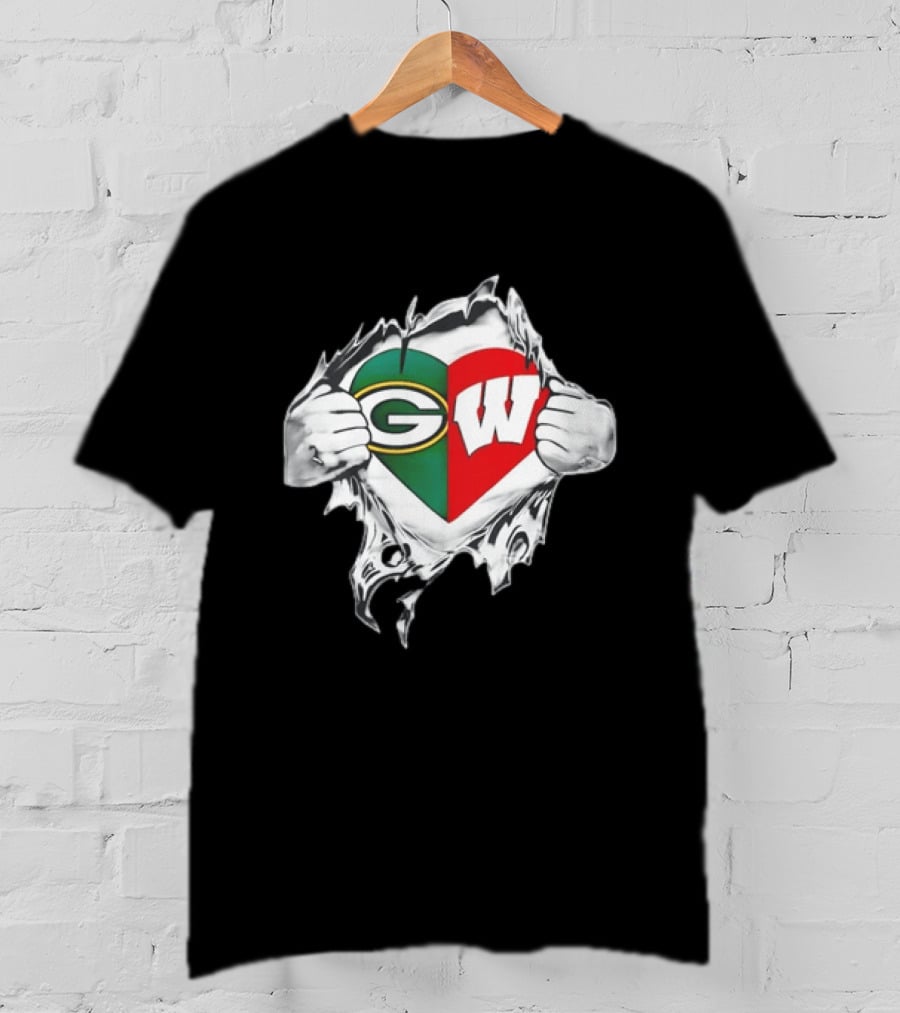 Green Bay Packers Wisconsin Badgers Torn Chest Reveal Heart T-Shirt