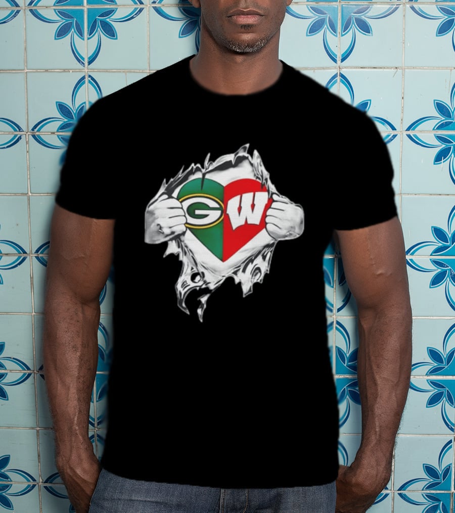 Green Bay Packers Wisconsin Badgers Torn Chest Reveal Heart T-Shirt
