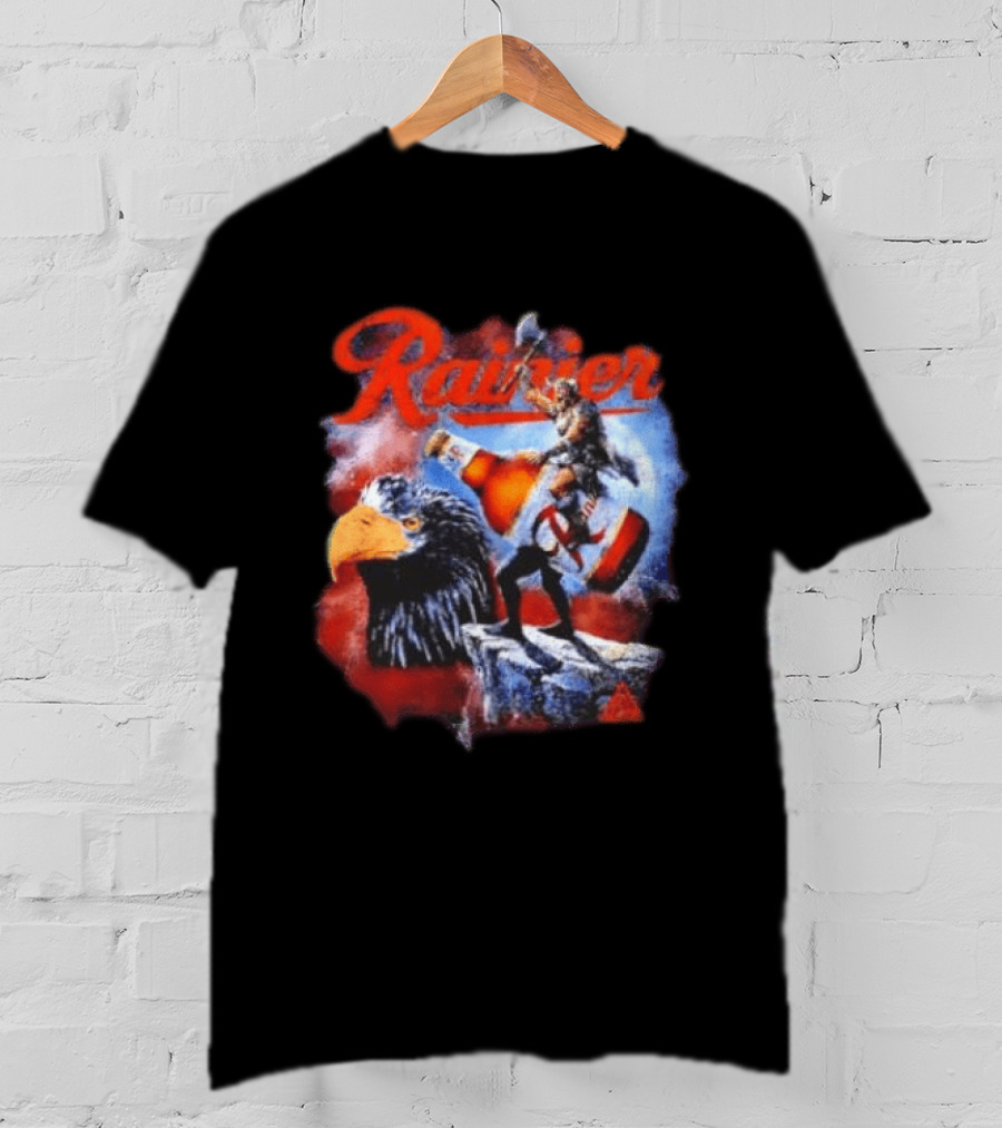 Rainier Beer Viking Holding Beer Riding Eagle On Rock T-Shirt