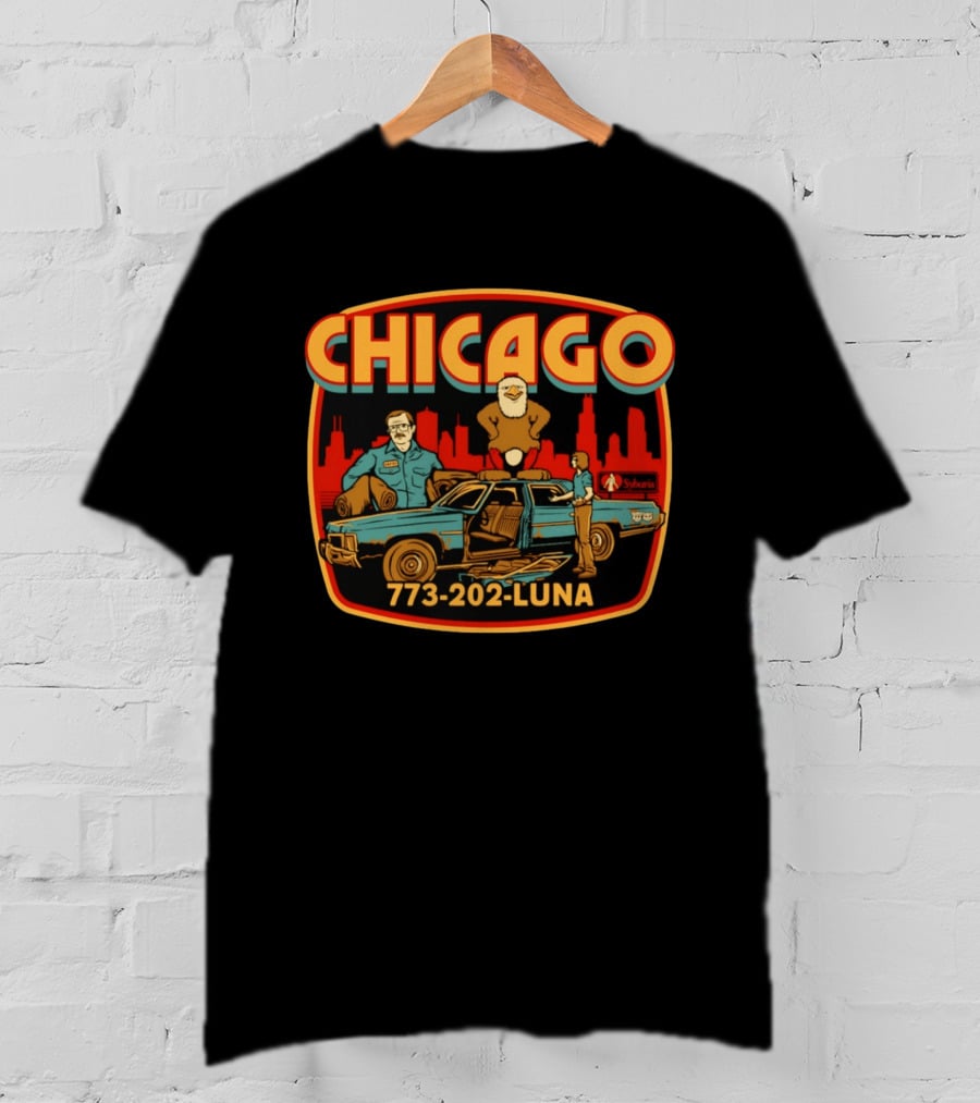 Chicago 773 202 Luna Sybaris Retro Car And Eagle Scene T-Shirt