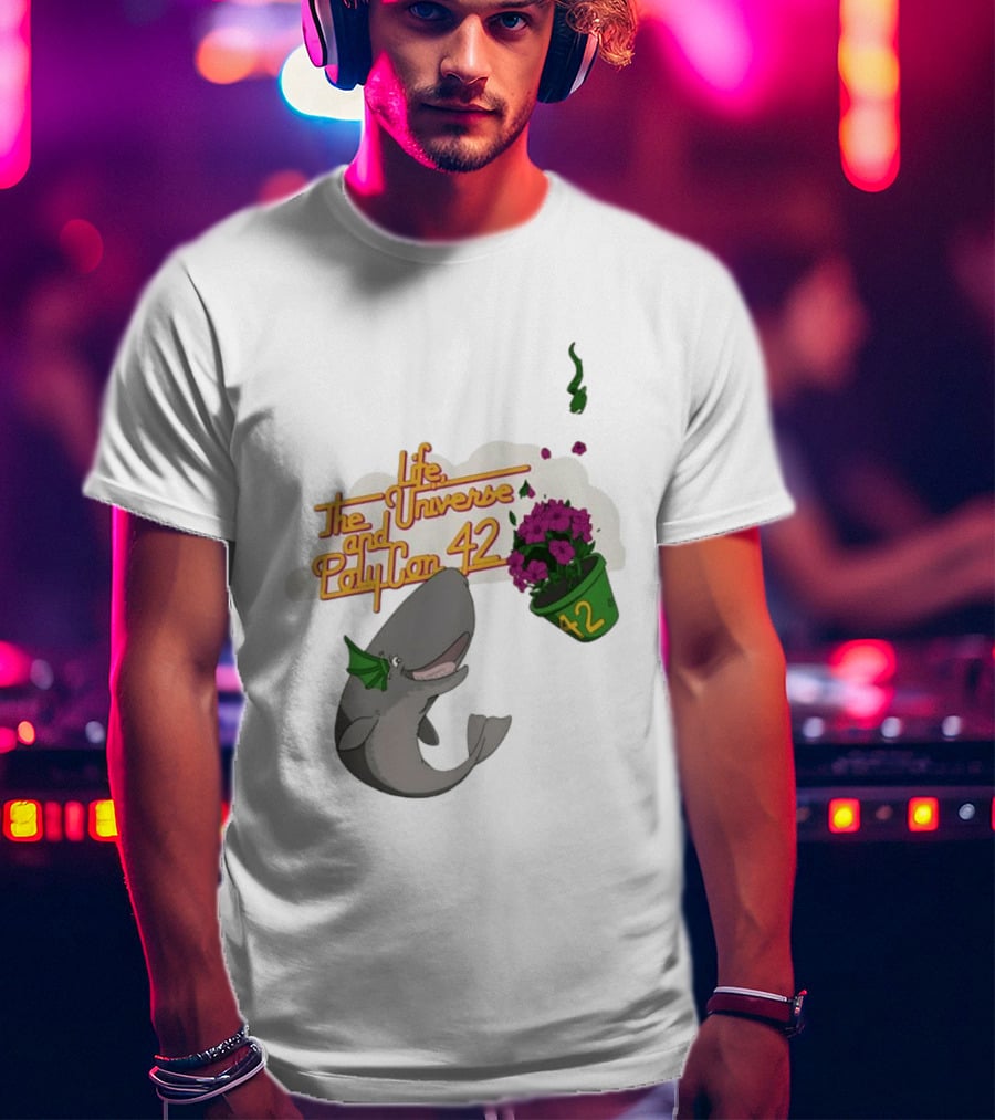 Life The Universe And Poly Con 42 Whale And Flowerpot T-Shirt