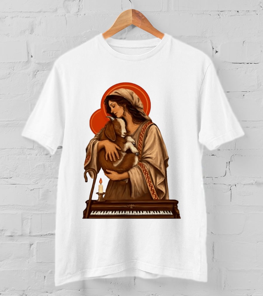 Woman Embracing Goat With Candle And Piano Halo T-Shirt