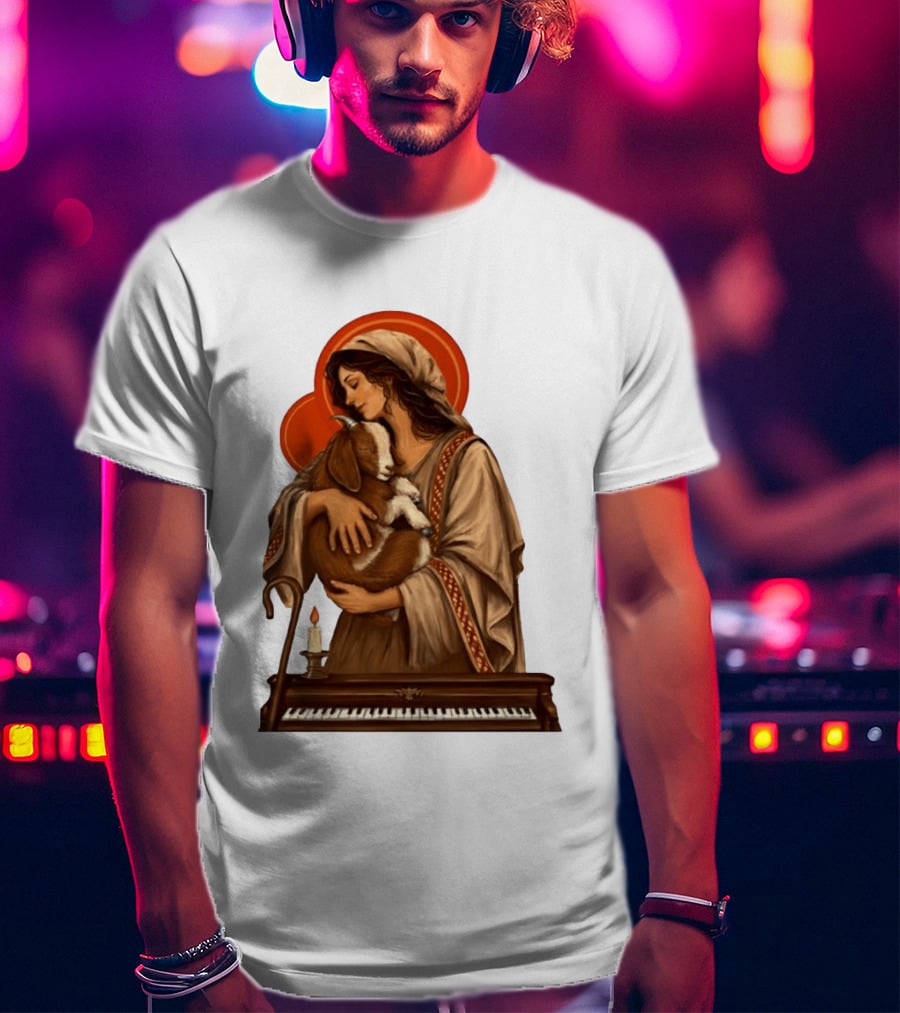 Woman Embracing Goat With Candle And Piano Halo T-Shirt