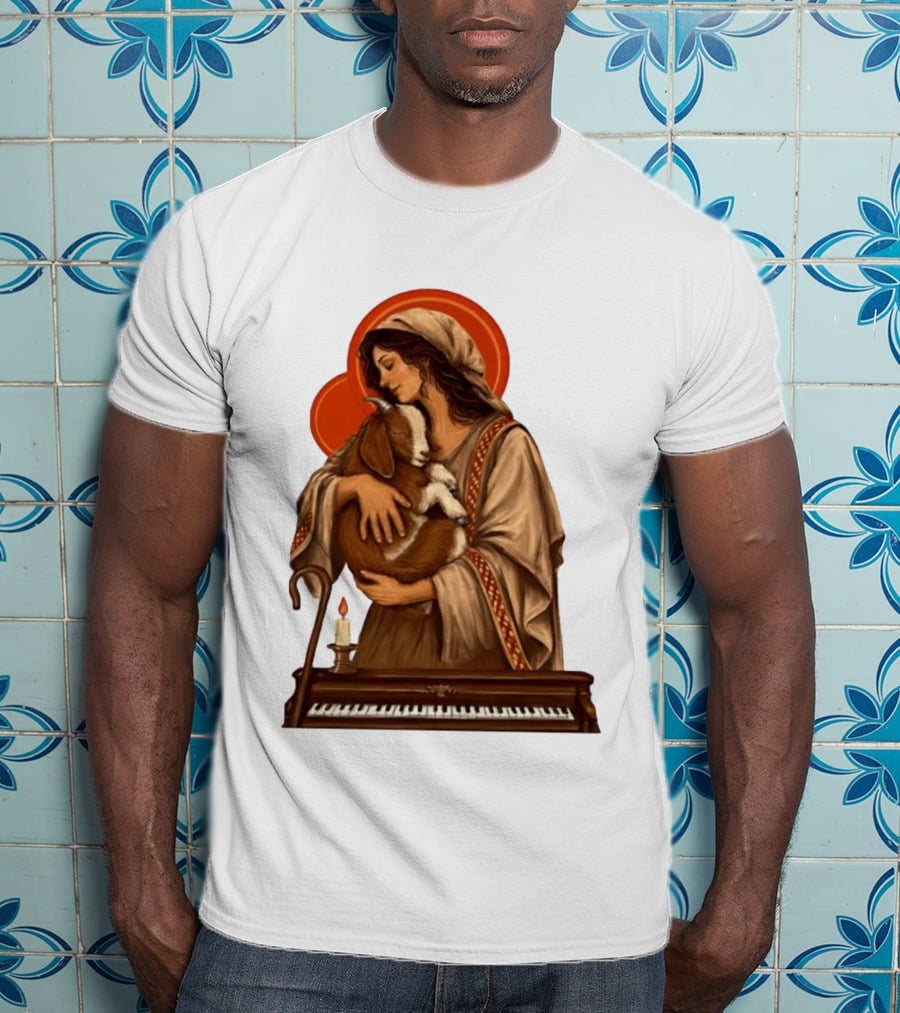 Woman Embracing Goat With Candle And Piano Halo T-Shirt