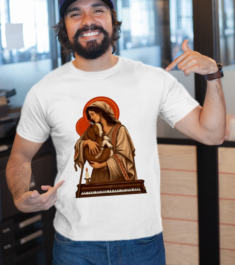 Woman Embracing Goat With Candle And Piano Halo T-Shirt