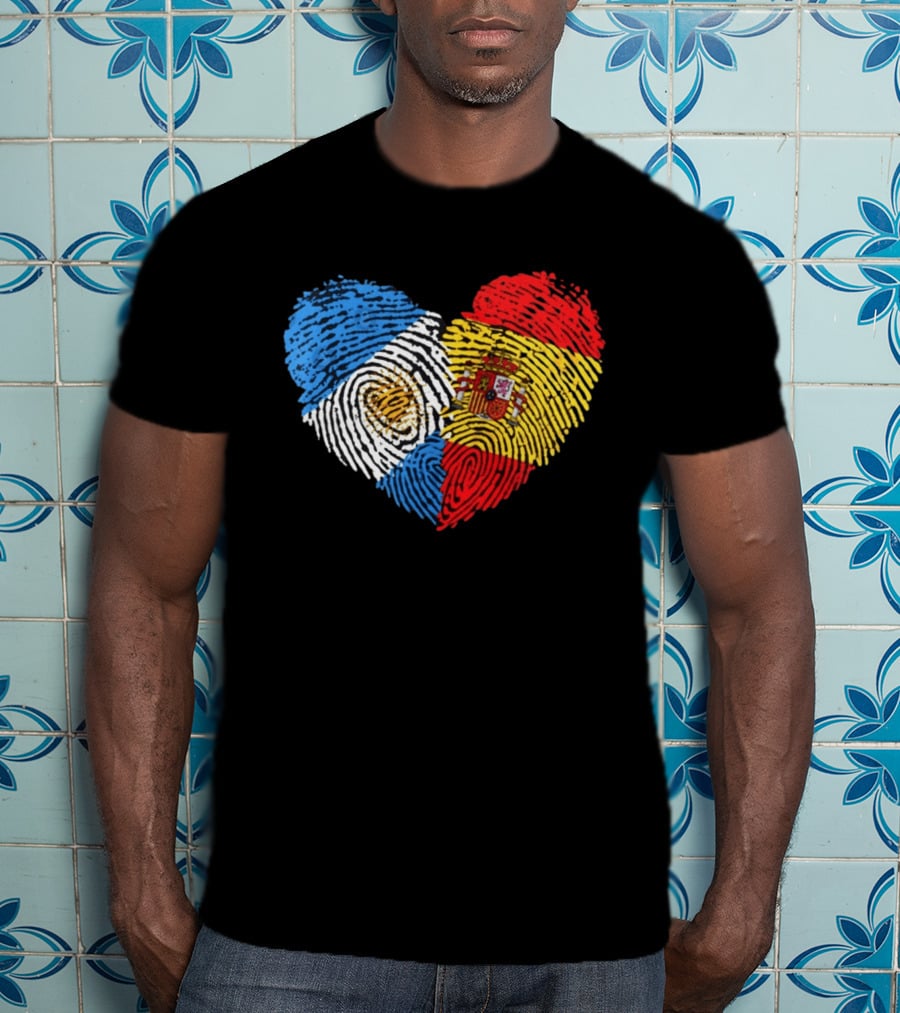 Half Spain Half Argentine Heart Fingerprints Flags Spain Argentina T-Shirt