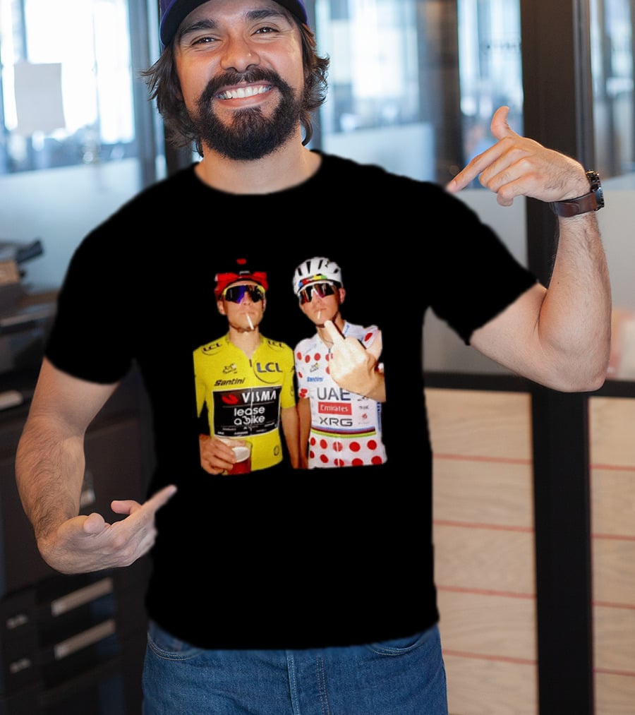 Jonas Vingegaard Tadej Pogačar 2026 Tour De France Visma UAE LCL Santini Emirates XRG Visor Beer Gesture T-Shirt