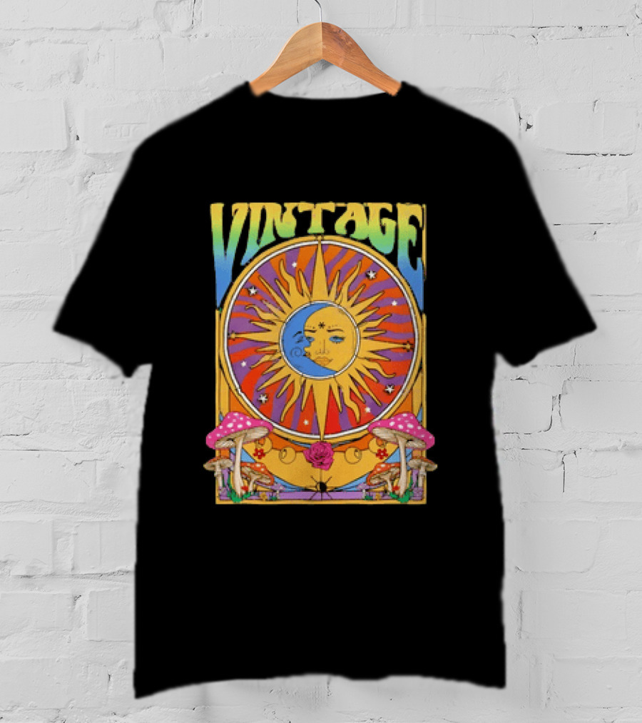 Vintage Sun Moon Celestial Psychedelic Mushrooms T-Shirt