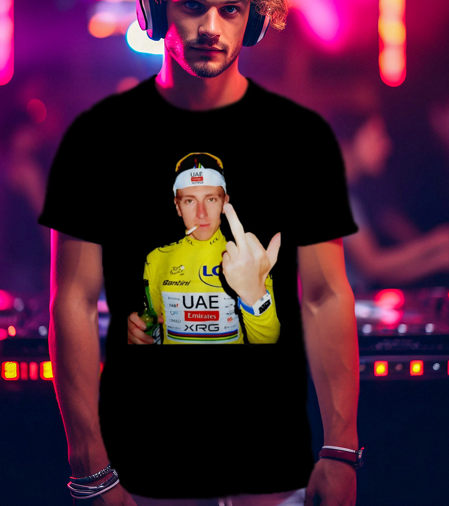 Tadej Pogačar Yellow Jersey Middle Finger Tour De France UAE Emirates LCL Santini T-Shirt