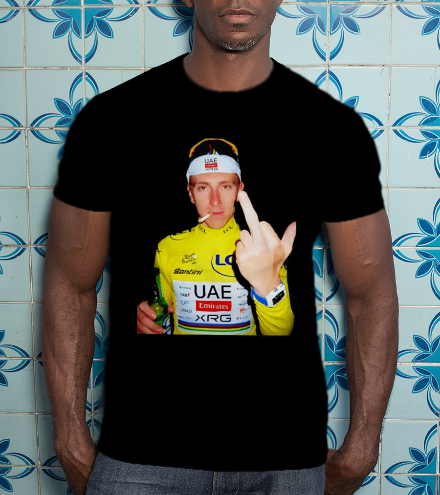 Tadej Pogačar Yellow Jersey Middle Finger Tour De France UAE Emirates LCL Santini T-Shirt