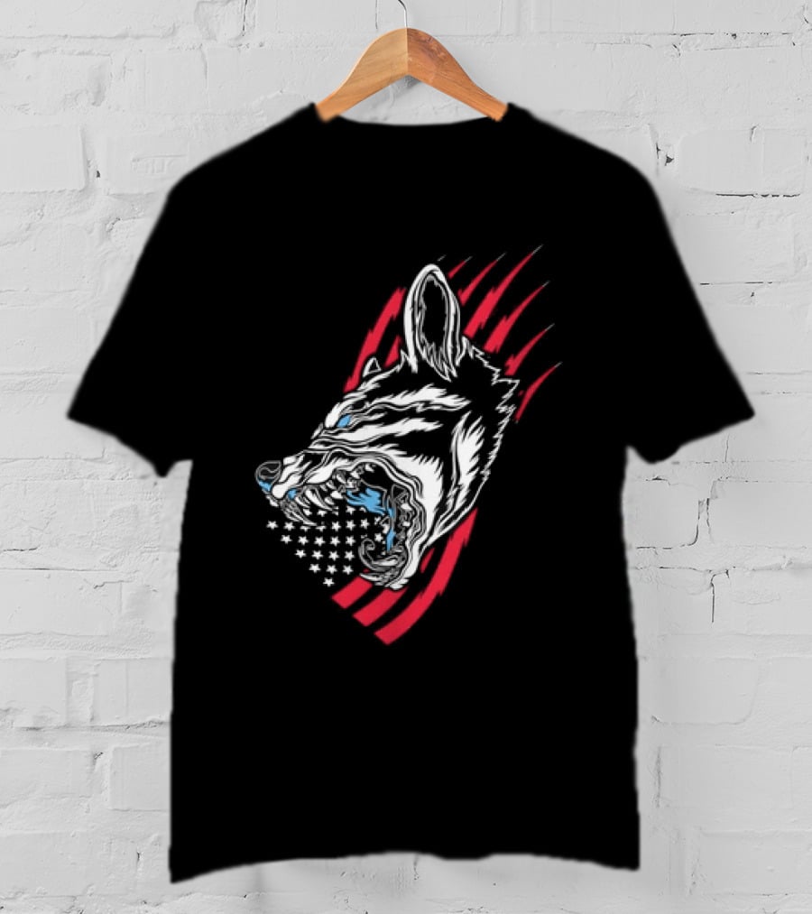 Wolf Snarling With Stars And Stripes American Flag T-Shirt