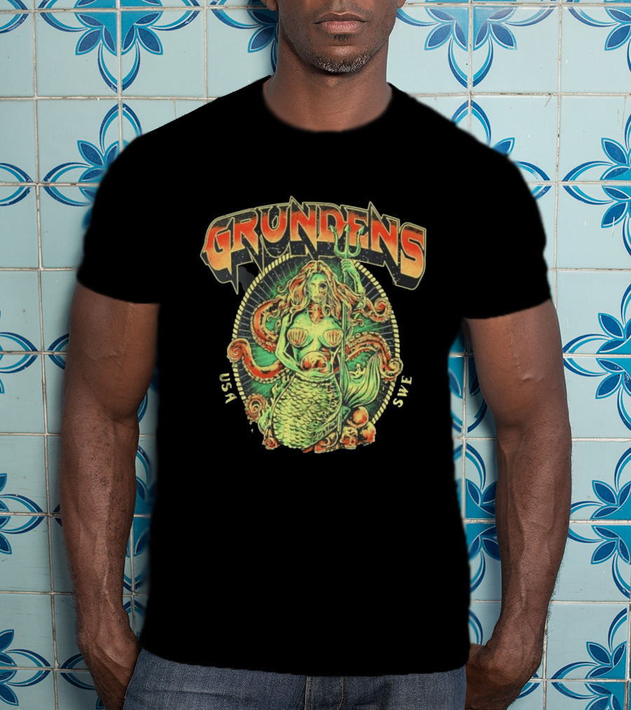 Grundens Undead Mermaid Holding Skull USA SWE Since 1926 T-Shirt