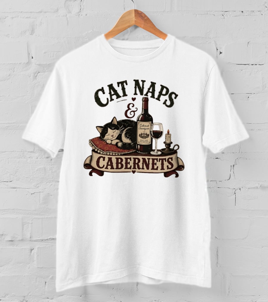 Cat Naps And Cabernet Sauvignon With Cozy Cat And Candle T-Shirt