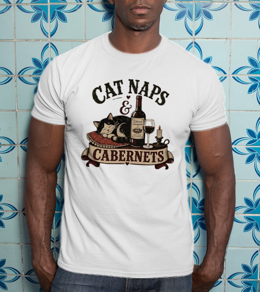 Cat Naps And Cabernet Sauvignon With Cozy Cat And Candle T-Shirt