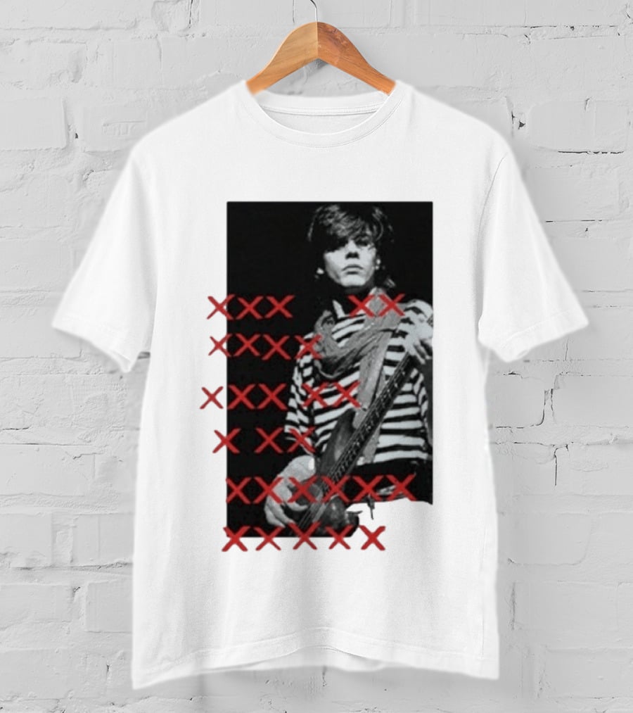 John Taylor X Punk Masters Striped Bass Guitar Image Red XXX Marks T-Shirt