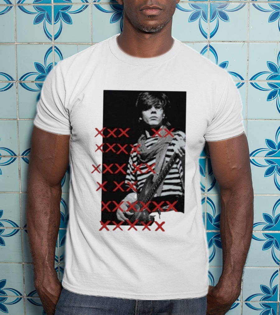John Taylor X Punk Masters Striped Bass Guitar Image Red XXX Marks T-Shirt