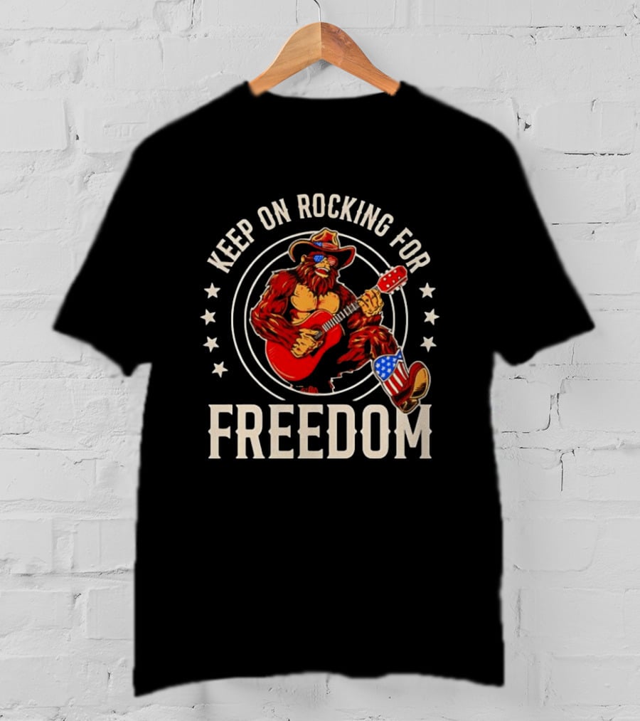 Keep On Rocking For Freedom Bigfoot Sasquatch American Flag Patriotic Guitar T-Shirt