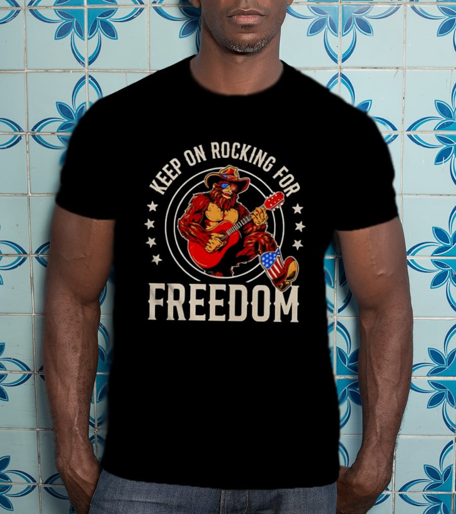 Keep On Rocking For Freedom Bigfoot Sasquatch American Flag Patriotic Guitar T-Shirt