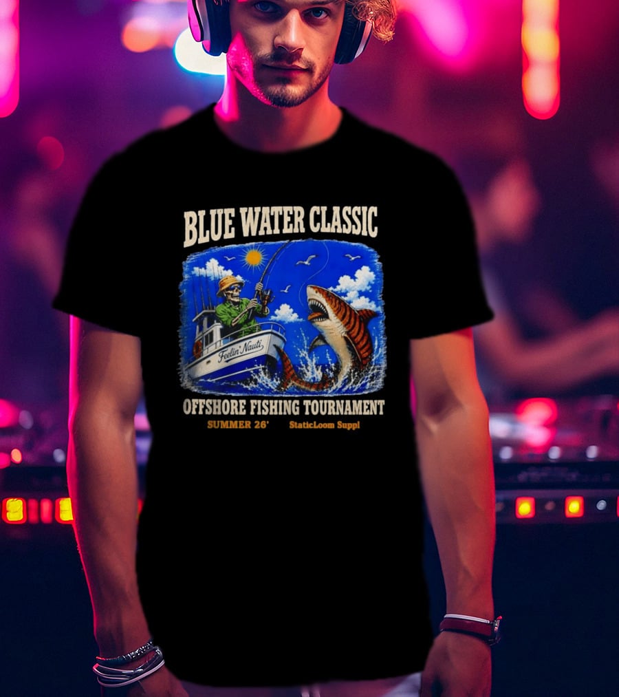 Blue Water Classic Skeleton Angler Shark Offshore Fishing Tournament Summer 26 Staticloom Supply T-Shirt