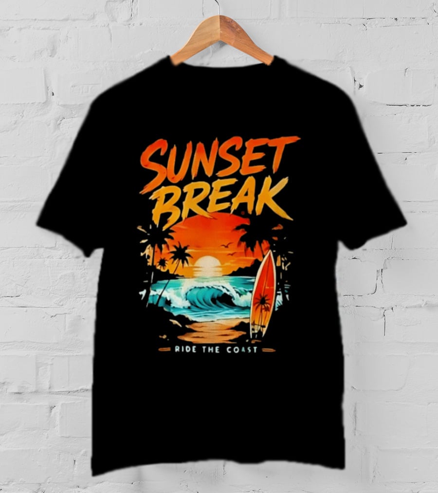 Sunset Break Surfing Ride The Coast Ocean Waves And Surfboard Scene T-Shirt