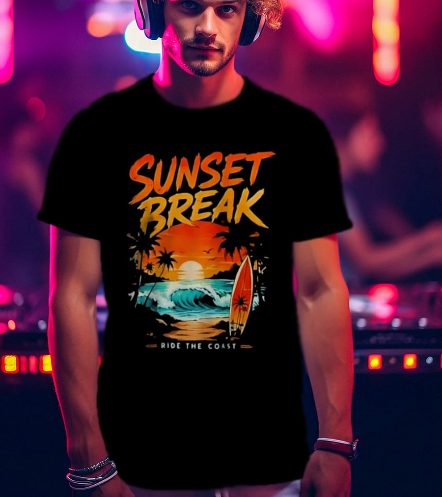 Sunset Break Surfing Ride The Coast Ocean Waves And Surfboard Scene T-Shirt