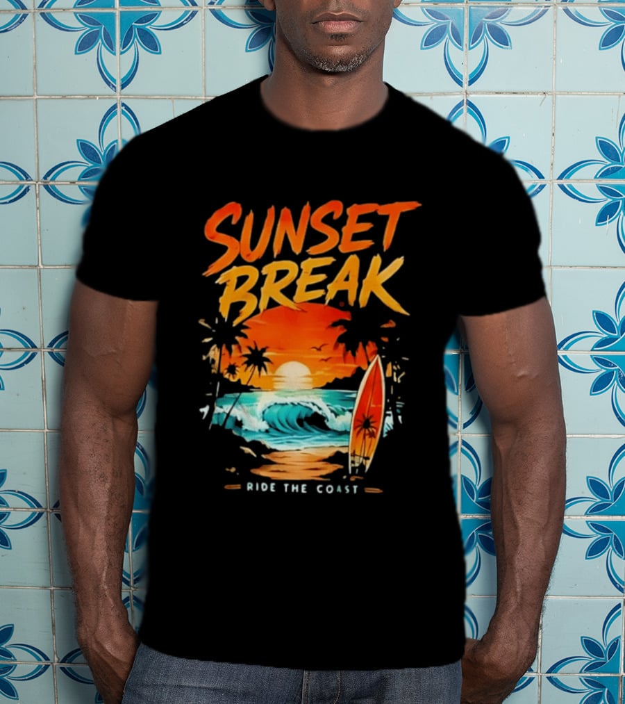 Sunset Break Surfing Ride The Coast Ocean Waves And Surfboard Scene T-Shirt