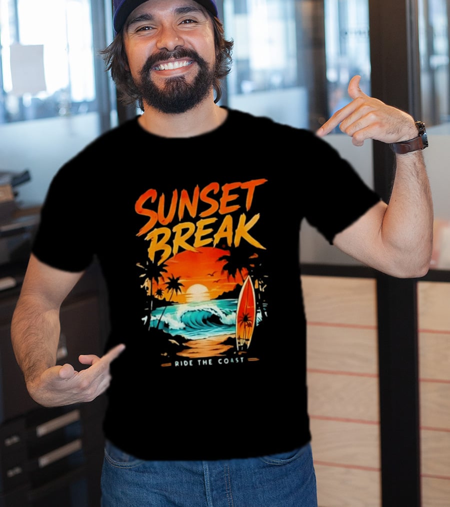 Sunset Break Surfing Ride The Coast Ocean Waves And Surfboard Scene T-Shirt