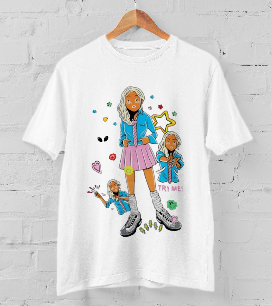 Anime School Girl Try Me Aesthetic Sticker Pastel Kawaii Vibe T-Shirt