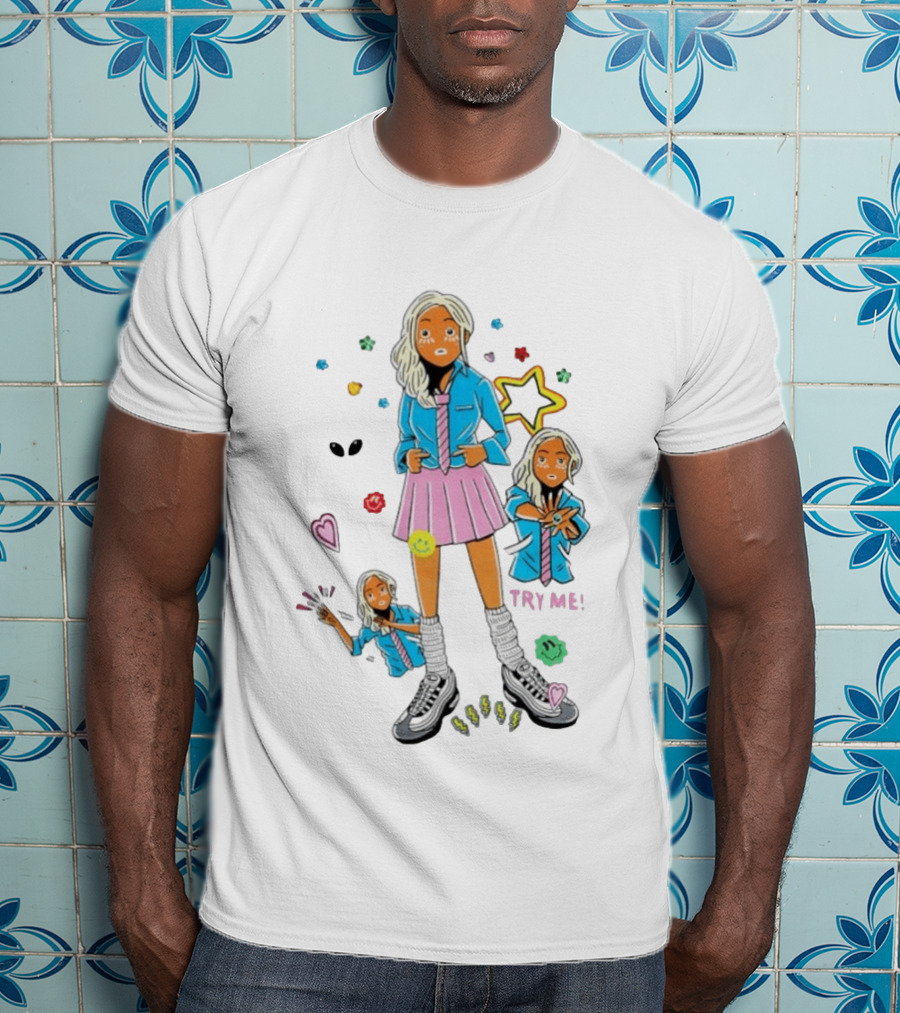 Anime School Girl Try Me Aesthetic Sticker Pastel Kawaii Vibe T-Shirt