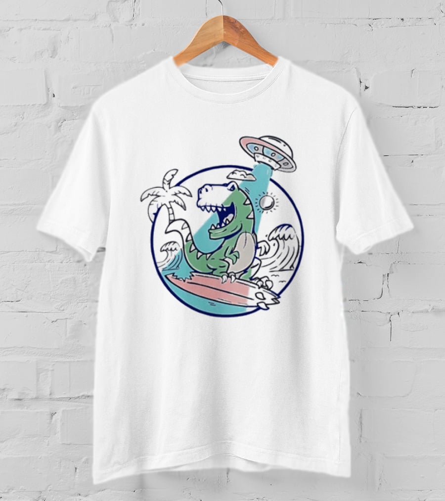 UFO Surfing Dinosaur With Palm Trees And Waves T-Shirt