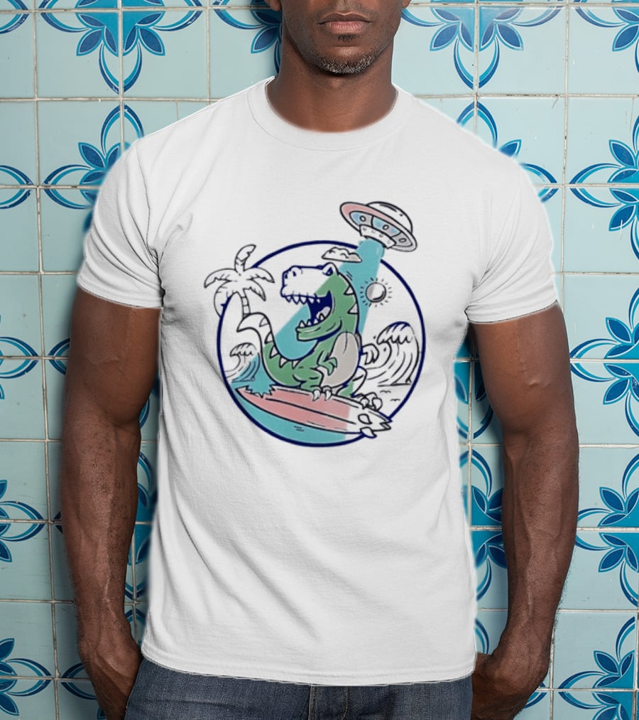 UFO Surfing Dinosaur With Palm Trees And Waves T-Shirt