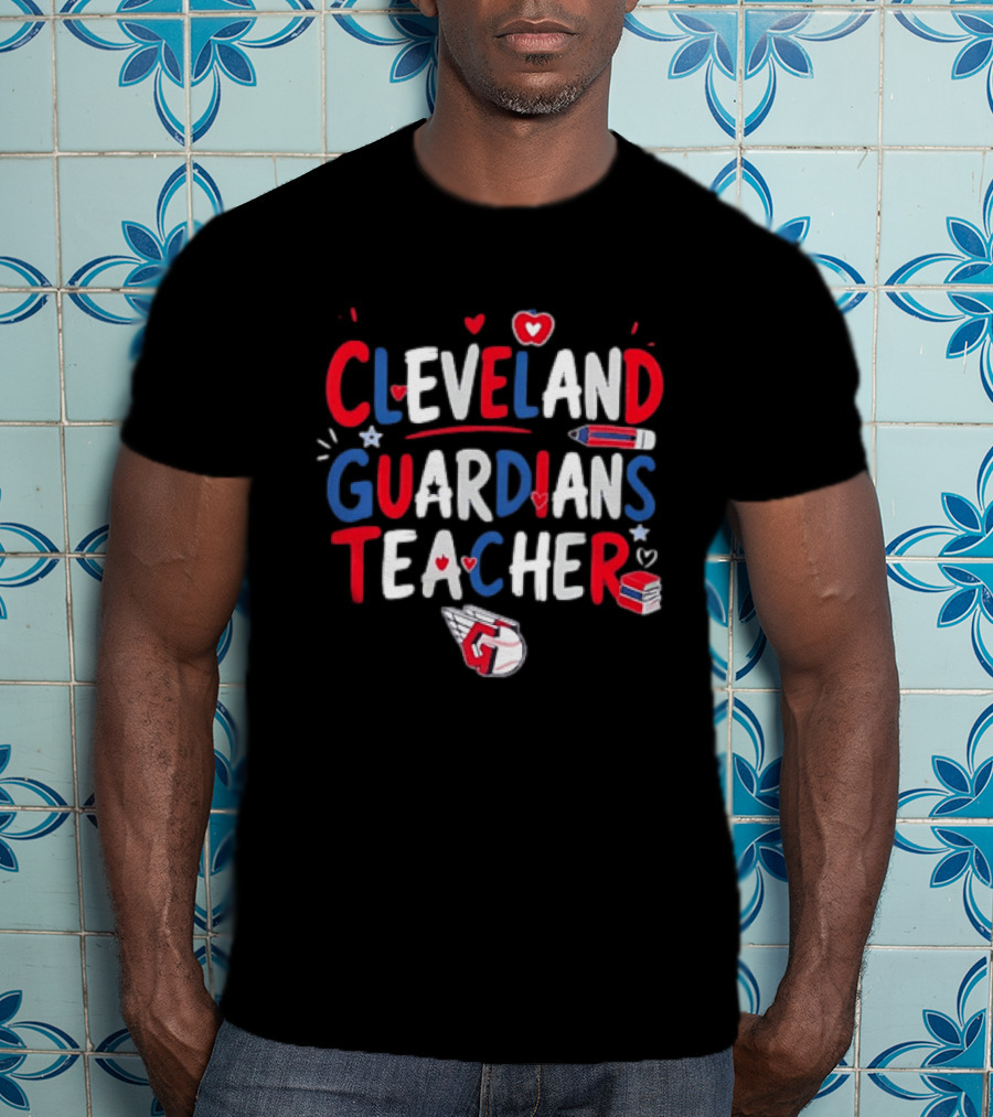 Cleveland Guardians Teacher Apple Pencil Baseball Heart Stars T-Shirt