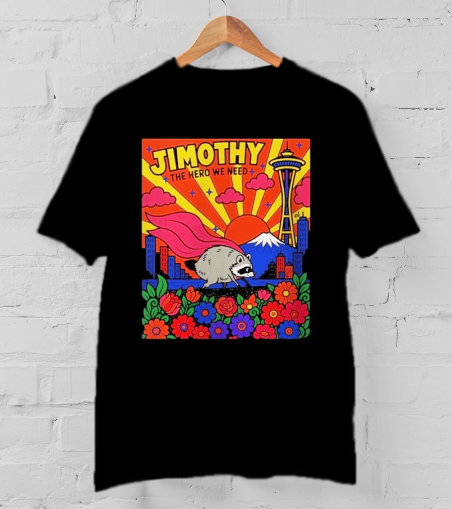 Jimothy The Hero We Need Seattle Skyline Floral Raccoon Superhero T-Shirt