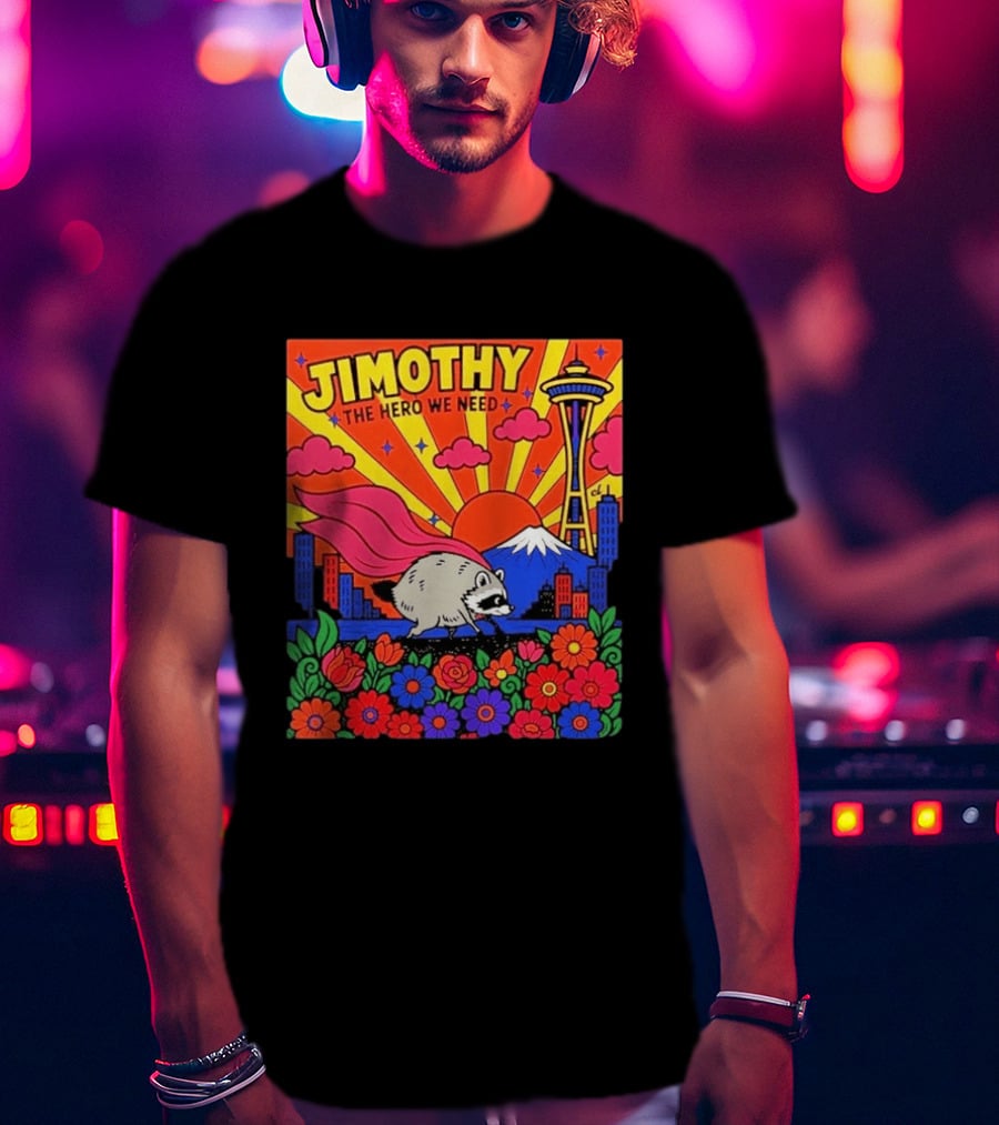 Jimothy The Hero We Need Seattle Skyline Floral Raccoon Superhero T-Shirt